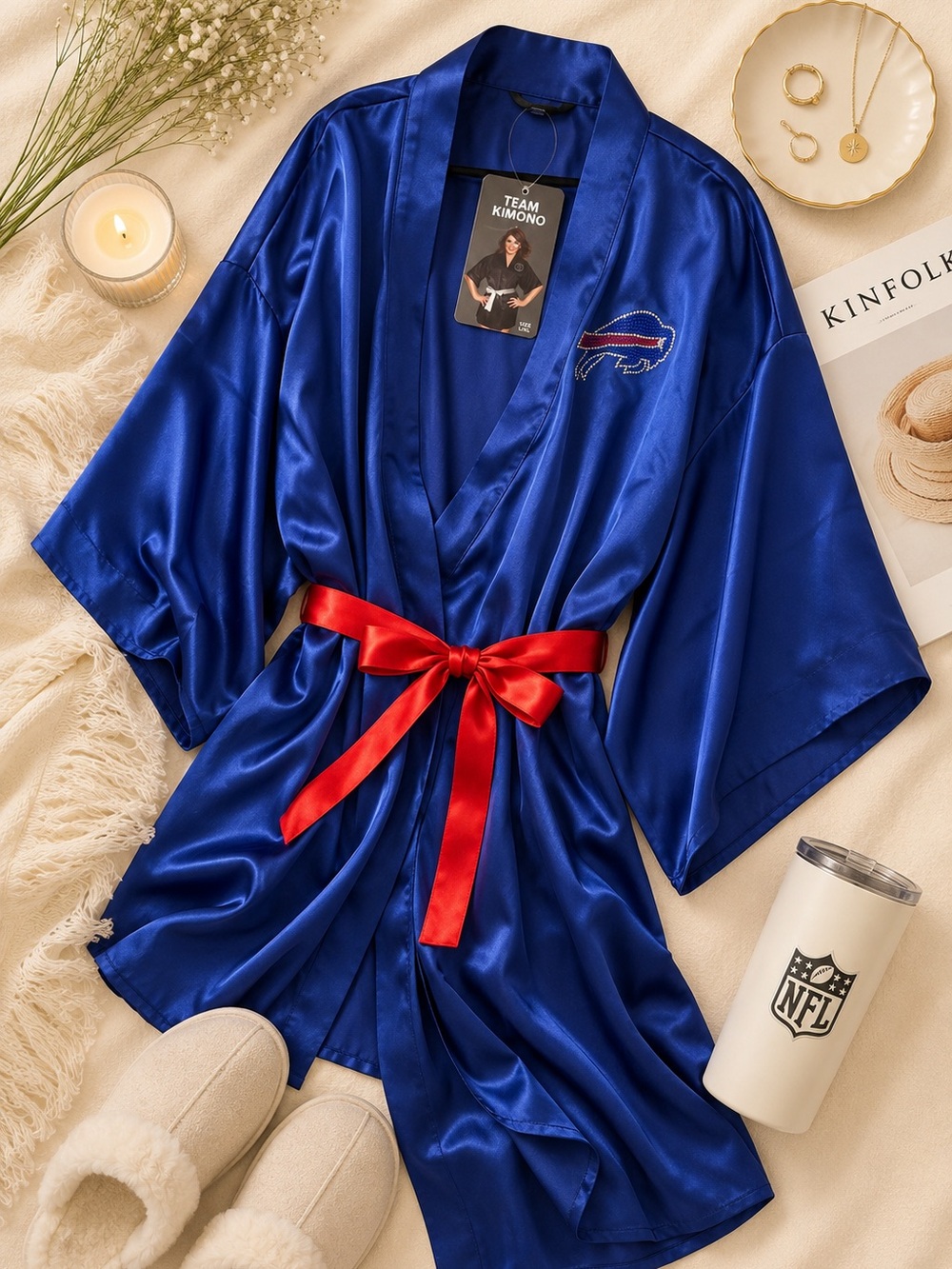 Buffalo Bills Satin Kimono Robe L/XL NWT Blue NFL Luxe Game Day Lounge